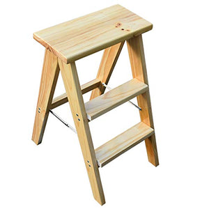 JHome-Stepstools 3-Tread Folding Kitchen Stair Chair Ladder - Wood, 62cm/70cm Height, 200kg Max.