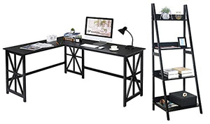 GreenForest L Shaped Desk and Ladder Shelf Bundle, Industrial Style Home Office Furniture Set, Black