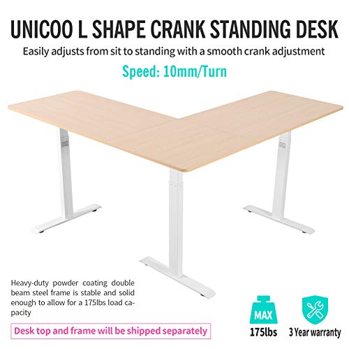 UNICOO – L Shaped Crank Height Adjustable Standing Desk, Sit to Stand up Corner Desk, L-Shaped Standing Workstation (White Frame/Light Oak Top - L Shape Crank)