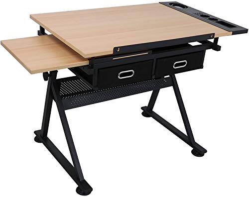 ZQTHL Adjustable Height Drafting Desk Drawing Table Tiltable Tabletop for Reading, Writing Art Craft w/2 Storage Drawers and Stool for Home Office,A