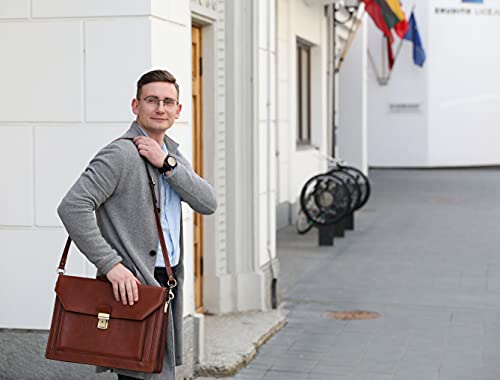 Mens Leather Briefcase Full Grain Leather Laptop Bag up to 17’’ Brown Attache Case - Time Resistance