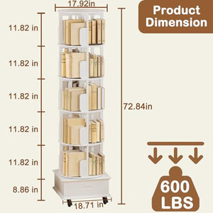 MMV Rotating Book Shelf with Drawer, 5-Tier Mobile Bookshelf, 79" Tall, White