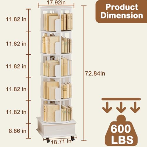 MMV Rotating Book Shelf with Drawer, 5-Tier Mobile Bookshelf, 79" Tall, White