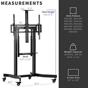 VIVO Motorized Height Adjustable TV Cart for 55-100" Screens up to 264 lbs - Black, STAND-E-TV100