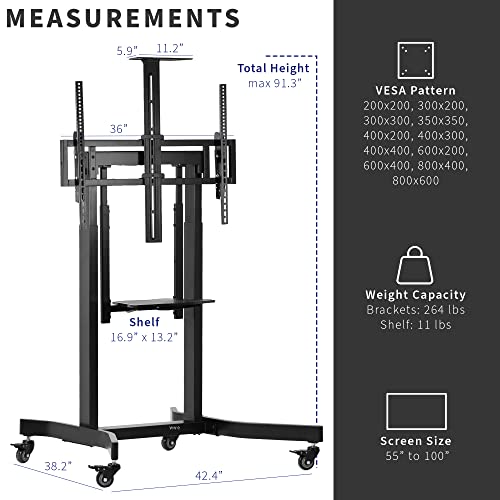 VIVO Motorized Height Adjustable TV Cart for 55-100" Screens up to 264 lbs - Black, STAND-E-TV100