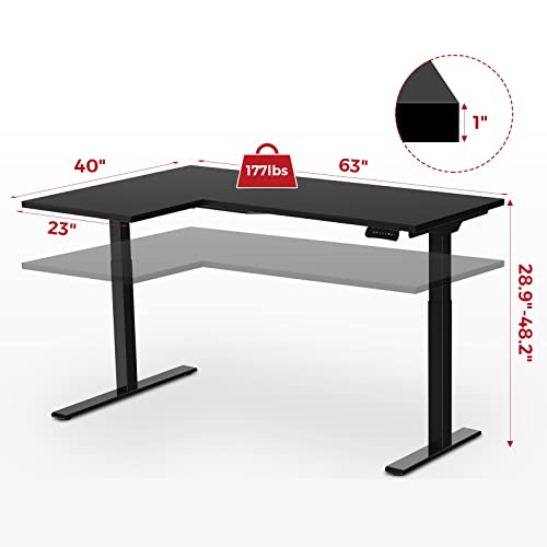 SANODESK Dual Motor L-Shaped Electric Standing Desk with 3 Drawer File Cabinet, 63 x 40 Inches - Black Top/Black Frame