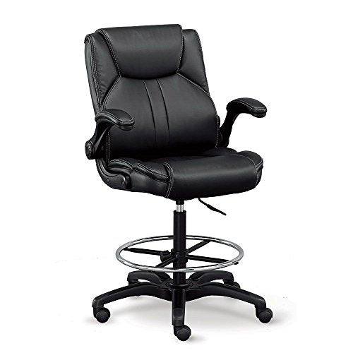 Officient Omega Collection Adjustable Arm Stool with Flip Arms and Footring in Black Polyurethane