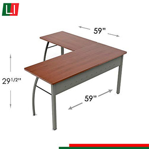 Linea Italia Trento L-Shaped Corner Easy to Assemble Metal Desk | Computer Table for Home or Office, 60" x 60", Cherry
