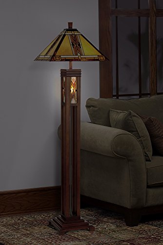 Mission Floor Lamp with Nightlight Walnut Wood Column Stained Glass Shade for Living Room Reading Bedroom - Robert Louis Tiffany