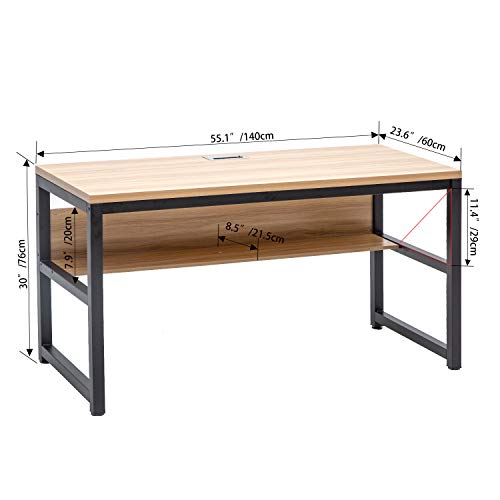 TOPSKY 55" Computer Desk with Bookshelf/Metal Desk Grommet Hole Wire Cover Rustic Brown