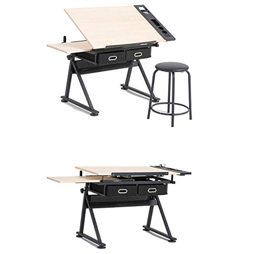 XIONGGG Height Adjustable Drafting Desk Tiltable Tabletop Drawing Table, with 2 Storage Drawers Art Writing Reading Workstation,Natural
