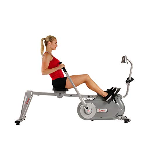 Sunny Health & Fitness Full Motion Magnetic Rowing Machine Rower with Advanced LCD Display, Elevated Seat, 265 LB Max Weight and Foldable - SF-RW5864,Gray