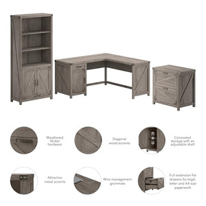Bush Furniture Knoxville 60W L-Shaped Desk with File Cabinet and Bookcase Set
