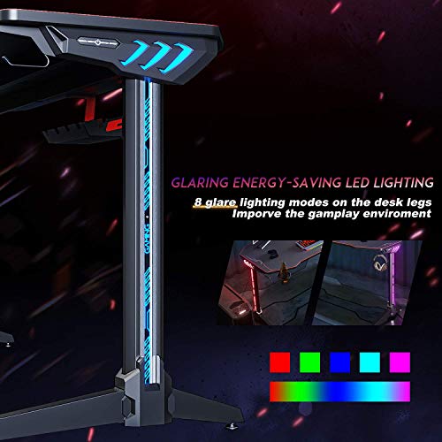 ELEGANT Gaming Desk with Led Lights Gaming Desk 55 inch Computer T-Shaped E-Sports Game Table Metal PC Desk with Mouse Pad Workstation for Home Office(Black)