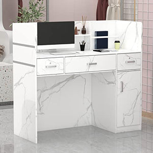 AGOTENI Reception Desk with Open Shelf & Drawers, Lockable Drawer, Marble White