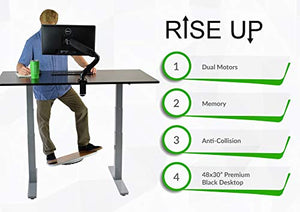 Rise UP Dual Motor Electric Standing Desk 48x30 Black Desktop Premium Ergonomic Adjustable Height sit Stand up Home Office Computer Desk Table Motorized Powered Modern Furniture Small Standup Table