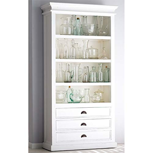 NovaSolo Halifax Pure White Mahogany Wood Bookcase With 4 Shelves And 3 Drawers