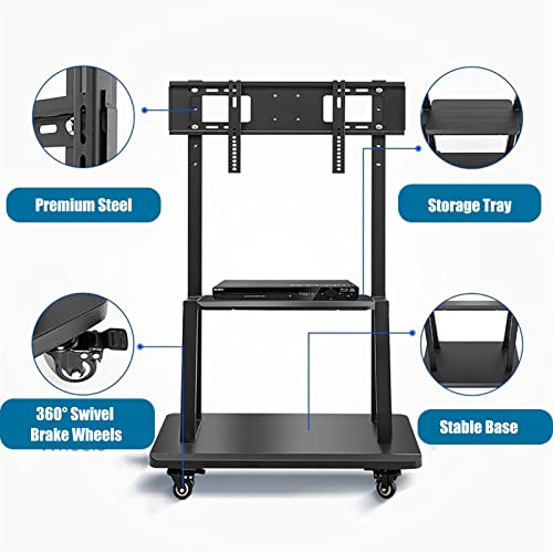 Generic Universal Rolling TV Cart Stand with Wheels & Storage, Fits 50-75 Inch TV, Black Freestanding Mobile TV Trolley