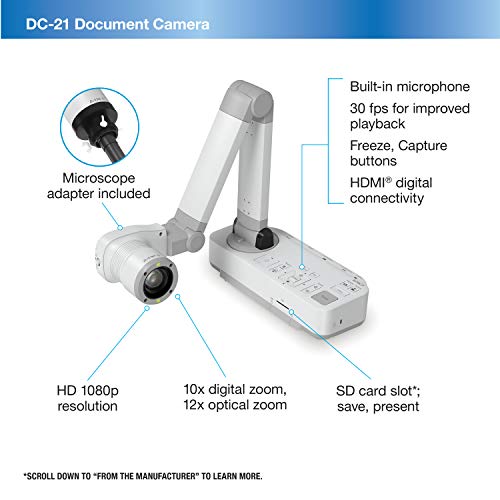 Epson DC-21 High-Definition Document Camera with HDMI, 12x Optical Zoom, 10x Digital Zoom and 1080p Resolution