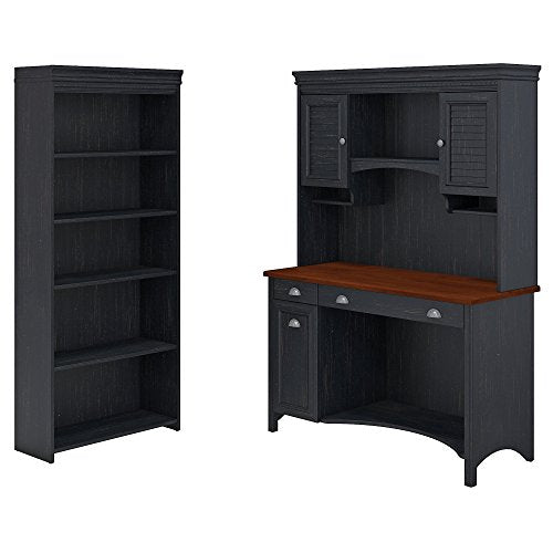 Bush Furniture Stanford Computer Desk with Hutch and 5 Shelf Bookcase in Antique Black