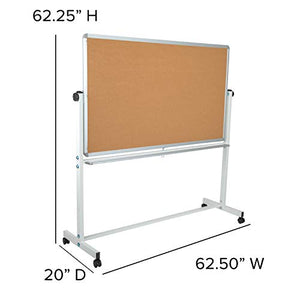 EMMA + OLIVER 62.5"W x 62.25"H Reversible Mobile Cork Bulletin Board and White Board with Pen Tray