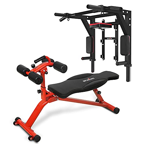 STOZM Combo of Deluxe Pull Up Bar (Black) & Multi-Functional Adjustable Sit Up Bench - Multiple Color Options (Red) (STPV)