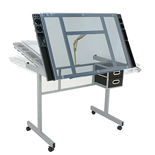 Drawing Desk Station Tempered Glass Adjustable Craft Drafting Table 4 Wheels Supplies Adjustable Desk Craft Table Drafting Table Office Furniture Drawing Supplies Desk Drawing Table