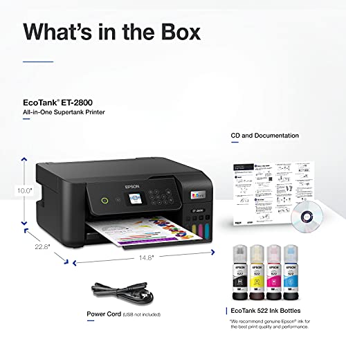 Epson EcoTank ET-2800 Wireless Color All-in-One Cartridge-Free Supertank Printer with Scan and Copy – The Ideal Basic Home Printer - Black