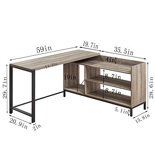 FELLYTN Rustic Industrial L Shaped Desk, 59 Inch Wood and Metal Study Corner Desk, Office Writing Workstation with Shelves and File Cabinet for Home Office (Gray Oak)