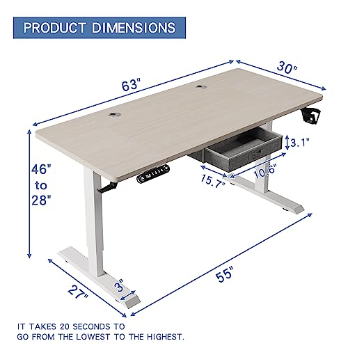 bilbil Electric Standing Desk 63x30 Inches with Drawer, Height Adjustable Sit Stand Up Desk - Pale Pearwood Top/White Frame
