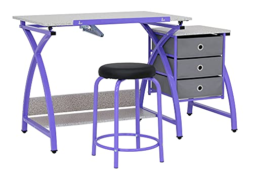 Offex The Comet Center Plus Adjustable Top Craft Table with 24" Pencil Ledge, 3 Drawers and Matching Padded Stool - Purple/Spatter Gray