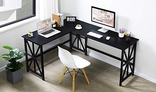 GreenForest Large L Shaped Desk and Computer Desk Bundle, Industrial Gaming Writing Desk Home Office Furniture Set, Black
