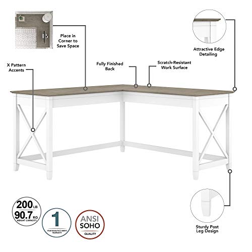 Bush Furniture Key West L Shaped Desk with 2 Drawer Lateral File Cabinet, 60W, Pure White and Shiplap Gray