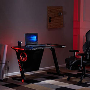 GLCHQ Gaming Desk RGB Led Light PC Computer Gamer Desks Stand Ergonomic Durable Z-Shaped Leg Frame Steel Home Office Workstation Headphone Hook Black