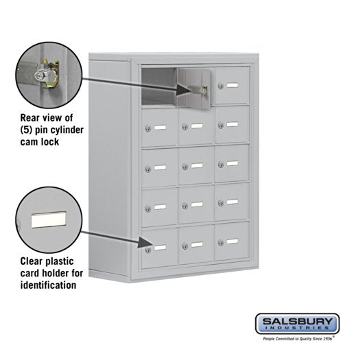 Salsbury Industries Aluminum 5-Door High Surface Mounted Cell Phone Storage Locker Unit with 15 A-Size Doors and Master Keyed Locks