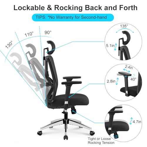 Ticova Ergonomic Office Chair with Adjustable Lumbar Support & 3D Metal Armrest