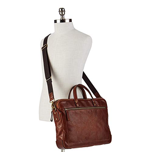 Fossil Men's Haskell Leather Double Zip Briefcase Messenger Laptop Bag, Cognac