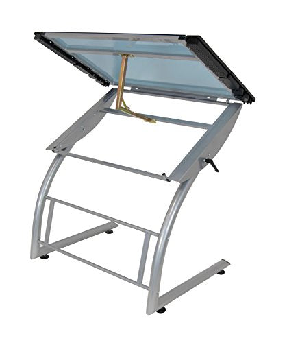 Offex Home Triflex Drawing Table, Sit to Stand Up Desk, Silver/Blue Glass