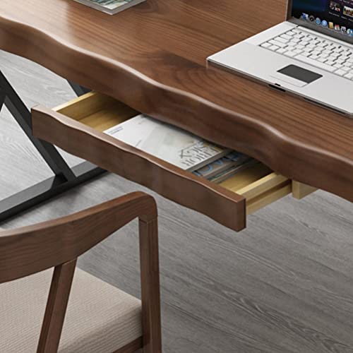 Solid Wood Computer Desk with Drawer and Sturdy Metal Bracket, 5cm Pine Panel Game Table Study Desk (300x120x75cm)