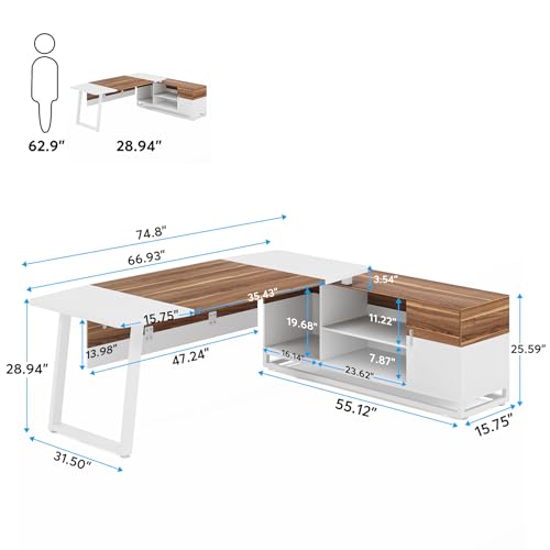 Tribesigns Executive Desk and Lateral File Cabinet Set, Large L-Shaped Computer Desk with Storage, White/Walnut