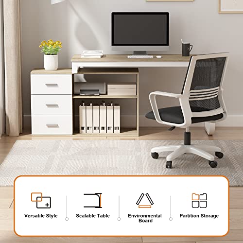 FUFU&GAGA L-Shaped Office Desk with File Cabinet, 3 Drawers & 2 Shelves - Beige