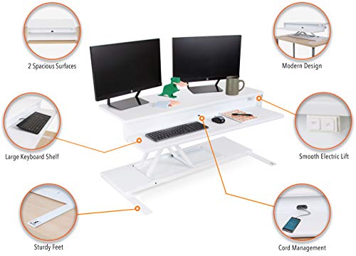 Flexpro Power 40 Inch Electric Standing Desk | 2 Level Electric Standing Desk Converter with Keyboard Shelf & Monitor Riser | Large Dual Level Sit to Stand Workstation Holds 2 Monitors (White/40)