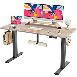 FAMISKY Dual Motor Adjustable Height Electric Standing Desk with Footrest, 55 x 24 Inches Stand Up Home Office Desk with Splice Tabletop, Black Frame/Greige Top