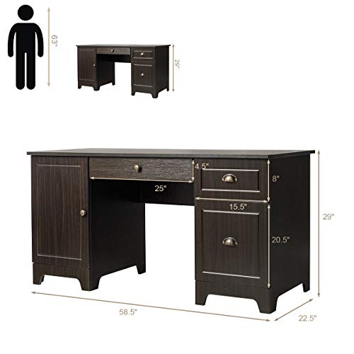 Tangkula Computer Desk with Drawers & Cabinet, Wooden Executive Desk Home Office Desk, Writing Study Desk Computer Workstation, PC Laptop Desk for Bedroom & Office (Brown)