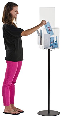 Floor-Standing Ballots Box with Side Pocket for Entry Forms and (2) 8.5x11 Sign Holders, Locking Door - Clear Acrylic Box with Black Steel Pedestal Stand