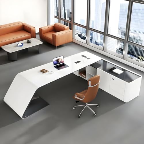 KWOKING L-Shape Executive Desk with Drawers & Shelving in White - 71" x 63