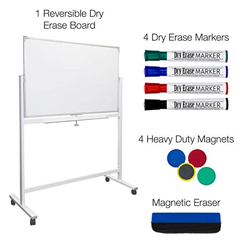 Excello Global Products Large 48"x32" White Board on Wheels: 1 Reversible Magnetic Dry Erase Board with Rolling Stand, 4 Dry Erase Markers, 1 Eraser, 4 Magnets, 1 Marker Tray