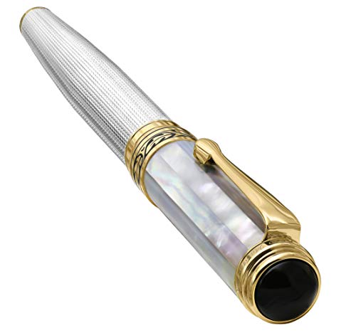 Xezo Maestro Solid 925 Sterling Silver and Oceanic Origin White Mother of Pearl Handcrafted and Serialized Medium Nib Fountain Pen. 18k Gold Plated. No Two Alike