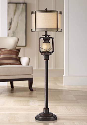 Barnes and Ivy Rustic Industrial Farmhouse Floor Lamp with Night Light - 63" Tall Bronze Drum Shade