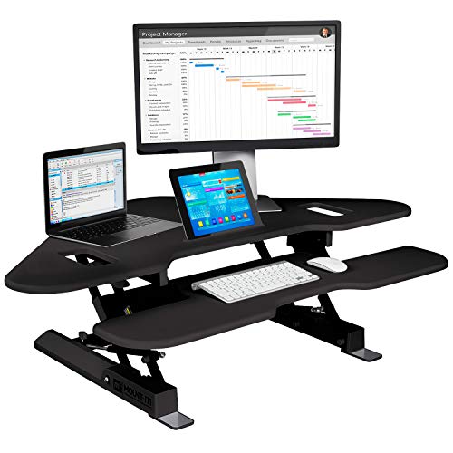 Mount-It! Corner Standing Desk Converter | Height Adjustable 48” Wide Desktop | Corner Stand Up Desk with Gas Spring Handle | Stand Up Computer Workstation with Ergonomic Keyboard Tray | Black